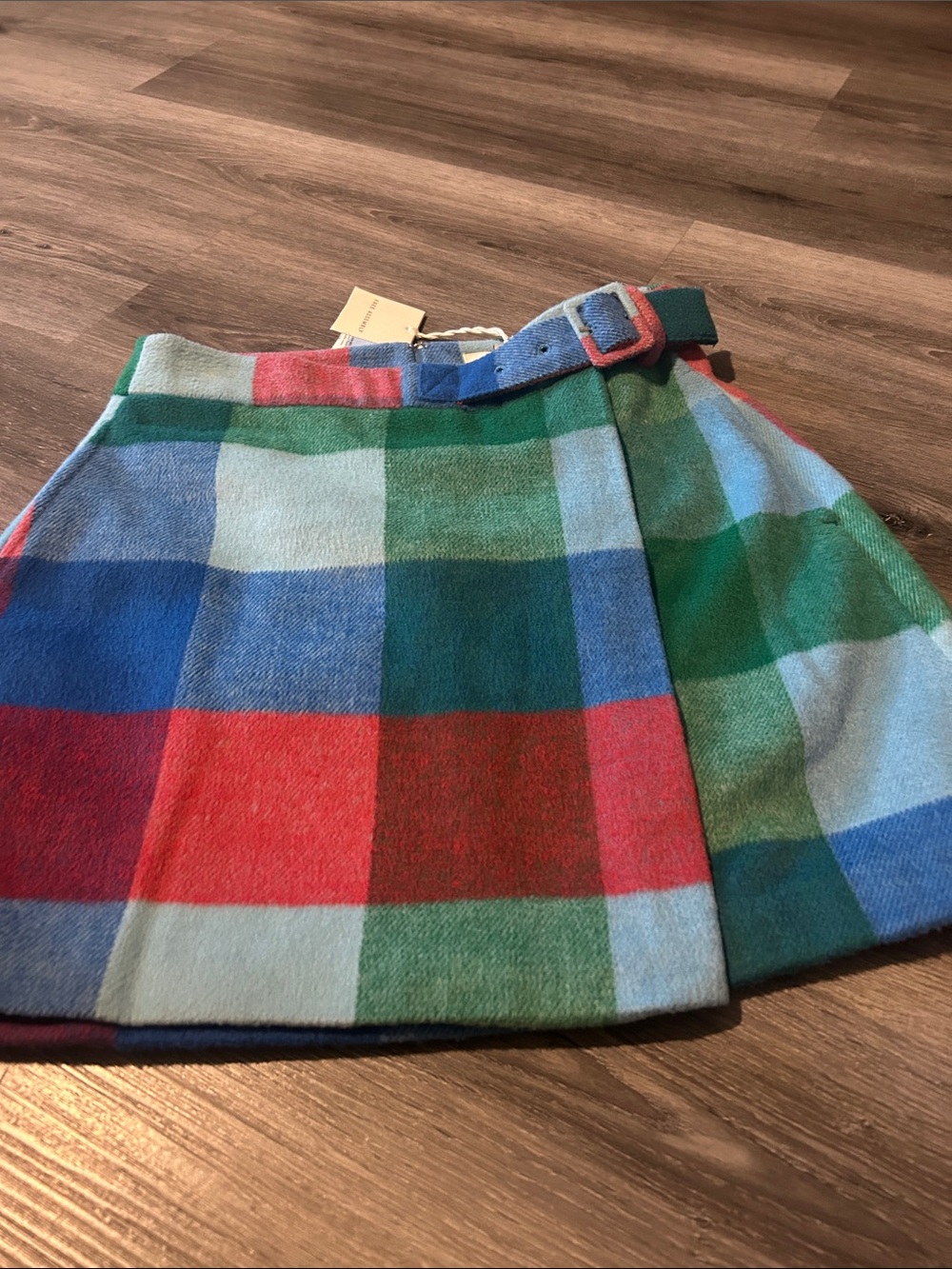 Multicolor Plaid Wool Blend Skater Skirt with Belt